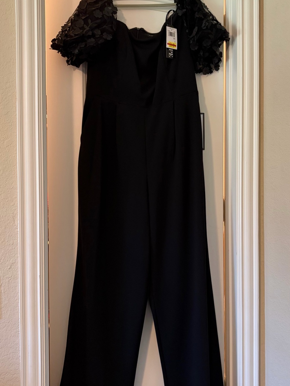 Xscape Black Jumpsuit with Textured Puff Sleeves